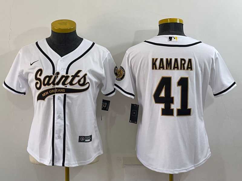 Women%27s New Orleans Saints #41 Alvin Kamara White With Patch Cool Base Stitched Baseball Jersey